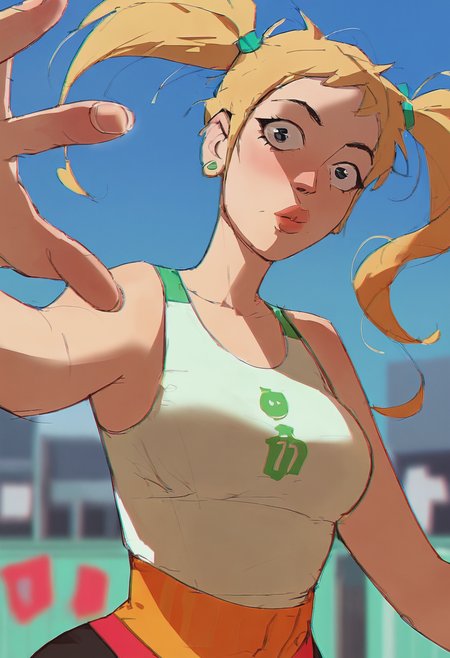 score_9, score_8_up, score_7_up, source_anime, 1girl, large_breasts, mature_female, portrait, solo, looking_at_viewer, open_eyes, Reaching high with both hands, atmospheric_perspective, (Spring green Dolman), straight hair, pigtails, Honey Blonde hair, gym, portrait, rating_safe, <lora:pony\artist_styles\ramon_nunez_pony:1.0>