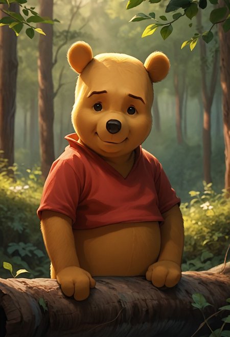score_9, score_8_up, score_7_up, score_6_up, winniethepooh, solo, red shirt, shirt, 1boy, furry male, bear, short sleeves, black eyes, cute, standing in the forest,  trees, flowers, sunshine, facing viewer, looking at viewer, listening, concerned, friend, close up face, expressive face, caring, photorealistic render