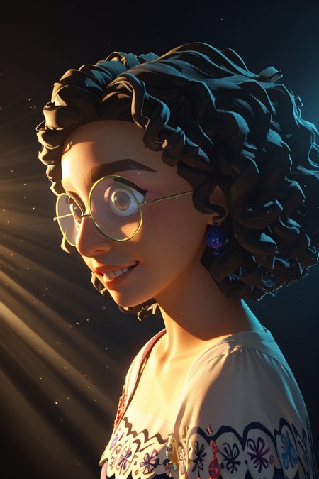 score_9, score_8_up, score_7_up, score_6_up <lora:Dramatic Lighting Slider:2>  <lora:Mirabel_Madrigal-_pony_101:0.8> m1rabel101 : "Ultra-close-up of Mirabel Madrigalâs face freckles , her expression wild and unhinged, eyes glowing with chaotic, prismatic flecks of magic that shimmer like embers. Her skin is illuminated by stark, cinematic lighting: a sharp beam of golden-white light cuts across her face from one side, casting deep, velvety shadows in shades of indigo and crimson that sculpt her features with haunting intensity. Her curly hair frames her face in a radiant, faintly luminescent cascade, each strand hyper-detailed and glowing with a subtle, otherworldly energy. Tiny beads of sweat glint like diamonds, and faint, glowing magical runes pulse softly across her cheeks. Her lips are parted in a manic, defiant grin, teetering on the edge of madness. The background is a soft, dark void with subtle, misty wisps of light, ensuring her face is the sole focus. Photorealistic, 8k resolution, extreme chiaroscuro, vibrant yet eerie color palette, every texture hyper-detailed and dripping with surreal intensit
