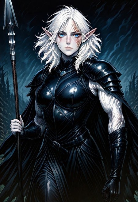 masterpiece, best quality, newest, absurdres, highres, 
MIRV1.0, pale, white skin, blue eyes, colored skin, toned, muscular, toned female, white hair, elf, pointy ears, scar, scar on face, armor, cape, shoulder armor, black leather, holding, holding weapon, holding spear, spear