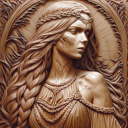 masterpiece, best quality, newest, absurdres, highres, WCILV1.0, wood, wood carving (medium), realistic, brown theme, monochrome, 1girl, queen marika the eternal (elden ring), bare shoulders, circlet, , cracked skin, halter dress, halterneck, long hair, braid, braided hair, long braid,