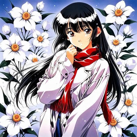 <lora:SG_ayasaki_wakanaXLanimagine001>,
masterpiece,high score,great score,absurdres,
flower background,glitter,
smile,
looking at viewer,
solo,
anime coloring,retro artstyle,1990s \(style\),
ayasaki_wakana\(sentimental_graffiti\),1girl,black hair,long hair,brown eyes,
winter coat,overcoat,scarf,
cowboy shot,
standing,