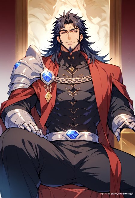 score_9, score_8_up, score_7,score_6_up, source_anime,zPDXL, fcNeg,
1man, manly, armor, gem stones, solo, long hair, looking at viewer, black hair, jewelry, male focus, indoors, red cape, armor, facial hair, shoulder armor, sitting on throne, gauntlets, beard, pauldrons, black pants, hand on knee, pillar
zPDXL,bad-hands-5, negative_hand, By bad artist
sz4d3k <lora:Szadek:0.75>,
<lora:Expressive_H:0.8>,
<lora:shinyskin2:0.5>,glistening skin,
<lora:niji_6_massive_style:0.8> ,
<lora:Hotcha:0.8>
<lora:Patrick_Fillion_Style_PonySDXL:0.25>
<lora:lineartSDXL:1><lora:add-detail-xl:0.5>
<lora:Black_and_white_vector_Pony:0.5>