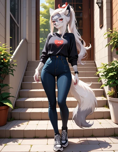 masterpiece, best quality, very aesthetic, absurdres,
outdoors, casual, 
full body, posing, 
seductive smile, parted lips, long eyelashes,
<lora:Hakuro_v01_NAIXL:1>
H4kur0,1girl,solo,furry,furry female,wolf girl,white hair,long sidelocks,bangs pinned back,ponytail,red eyes,snout,animal nose,body fur,two-tone fur,grey fur,white fur,wolf tail,