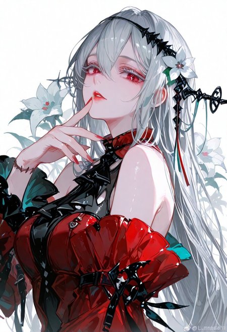 masterpiece, best quality, good quality, newest, highres, absurdres, volumetric lighting,gradient color, BREAK raytracing, volumetric lighting, ambient occlusion, girl, luminescent background, masterpiece, best quality, very awa, absurdres, 
BREAK
1girl, bare shoulders, black dress, detached sleeves, dress, finger to mouth, fingernails, flower, grey hair, hair flower, hair ornament, long hair, looking at viewer, off-shoulder dress, off shoulder, parted lips, red dress, red eyes, red lips, red nails, sharp fingernails, skadi \(arknights\), skadi the corrupting heart \(arknights\), solo, stitches, upper body, very long hair, weibo logo, weibo username, white background, white eyes, white flower, white hair
BREAK 
masterpiece, amazing quality, best quality, ultra-detailed, 8K, illustration, CG, clear skin, ultra-detailed-eyes, simple background, cute girl, eyelashes