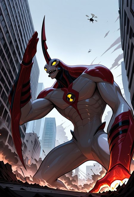 masterpiece, best quality, amazing quality, very aesthetic, absurdres, newest,
,waybig, no humans, solo, alien, horn, single horn, yellow eyes, arm blade,
giant, behind building, sharp teeth, punching, smoke, helicopters, giant character, from below, destroyed city, behind budlings