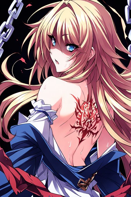 score_9, score_8_up, score_7_up, score_6_up, score_5_up, score_4_up, source_anime <lora:StS_detail_slider_v1:3>
1girl, solo, Tsujidou Ai, long hair, blonde hair, blue eyes, chains, serafuku, upper body, from behind, (ass:1.1), looking back, open mouth, shaded face, looking at viewer, off shoulder, back, eyelashes, solo, sweat, back tattoo, simple background, tattoo, black background blood on clothes, <lora:Tsujidou_Ai2.0:1>