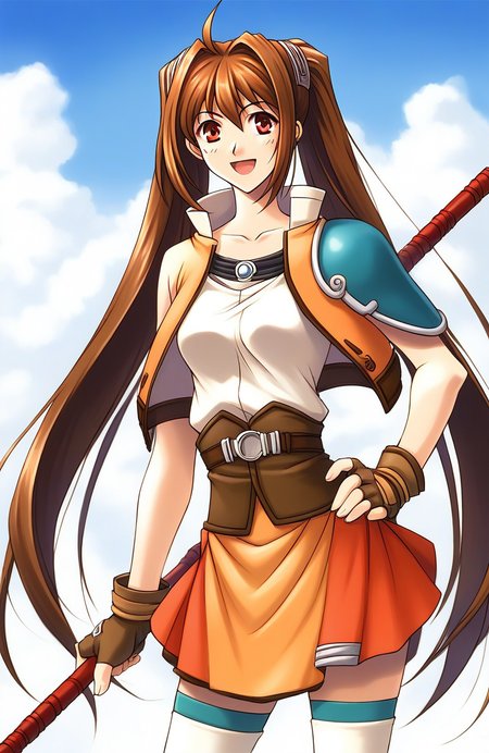 score_9, score_8_up, score_7_up, source_anime, rating_explicit, BREAKã <lora:Estelle_Bright_Retro_XL:1> Estelle_Bright, brown hair, long hair, red eyes, ahoge, brown eyes, very long hair, hair intakes,  medium breasts,
solo, twintails, thighhighs, staff, skirt, orange skirt, gloves, fingerless gloves, weapon, smile, belt, zettai ryouiki, miniskirt, hand on hip, open mouth, shirt, armor, jacket, jewelry
outdoor, day, sky,
looking at viewer, 
cowboy_Shot,