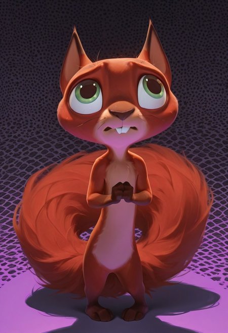 masterpiece, absurdres, amazing quality, photorealistic, ultra-detailed, solo, male focus, from above, high-angle view, chibi, furry male, 1boy, chip_superpet, red fur, green eyes, crooked whiskers, chipped tooth, buck teeth, fluffy tail, slim, body fur, brown hands, brown feet, naked, no penis, cute, full body, standing, looking up, shy, nervous, timid, own hands together, leaning back, pigeon-toed, tail wrap, 
BREAK 
psychedelic background, patterned background, g0thic, neon, shadow, detailed shading, WaiIL25PosC