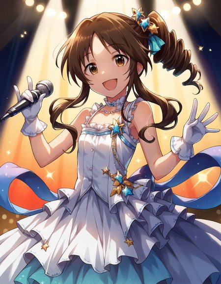 score_9,score_8_up,score_7_up,1girl,solo,cowboy shot,looking at viewer,smile,open mouth,holding microphone,stage lights,
<lora:takamoriaiko_ponyXLV6:0.8>,cgtka,
brown hair,side drill,sidelocks,brown eyes,flat chest,
white dress,sleeveless,frills,white gloves