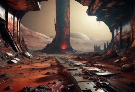 EdobHorrorLandscape,
A landscape of a deserted mars base,
hopeless, nightmare, 
trash, corpses, blood,
HDR, HD textures, intricated details, 8k,
