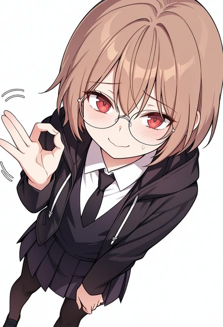 Smooth Quality,masterpiece,very intricate, high quality details, ultra realistic, high detailed skin,detailed enviorement,absurdres,
nervous, nervous smile, money gesture,
 <lora:Young-Joo_CNR:0.8> young_joo_cnr, 1girl, brown hair, short hair, red eyes, glasses, young_juniform_cnr, school uniform, black jacket, white shirt, collared shirt, black necktie,hoodie, pleated skirt,black pantyhose, black footwear,, simple background, white background, dutch angle,solo,