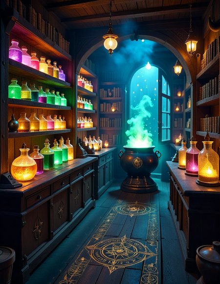 A dimly lit, mysterious alchemy shop filled with ancient books, glowing potions, and strange magical artifacts. Wooden shelves, covered in dust and cobwebs, are packed with glass bottles containing bubbling liquids in deep purples, shimmering golds, and eerie greens. The air is thick with swirling mist, and candlelight flickers, casting long shadows across the stone walls. In the foreground, an old wooden counter holds an open grimoire, alongside mortar and pestles, dried herbs, and mysterious symbols carved into the surface. Strange objects like a levitating crystal orb, a preserved dragonâs eye in a jar, and an enchanted dagger with glowing runes are displayed throughout the space. A bubbling cauldron in the corner emits a soft, eerie glow, illuminating the intricate arcane symbols on the floor. The atmosphere is dark, mystical, and full of ancient secrets, evoking a sense of forgotten magic and hidden knowledge.
<lora:SDXLFaeTastic2400:0.4> <lora:extremely_detailed:0.4> extremely detailed,<lora:mysterious_4lch3my_sh0p:1>,mysterious 4lch3my sh0p, Masterpiece,best quality,hi res,8k,hi res,8k,award winning,(sharp focus, intricate, highly detailed),