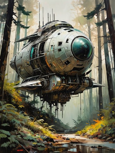 Capture an abandoned spaceship settled in a dense forest, blending Minjae Lee's distinctive styleâmarked by intense colors and dynamic, expressive strokes. Employ heavy, bold brushwork to depict the contrast between the technology's decay and the forest's vitality. Utilize Lee's vibrant palette to highlight the encroachment of nature, with vivid greens, deep browns, and the stark metallics of the spacecraft creating a compelling visual narrative. This oil painting should evoke a sense of both abandonment and natural reclaim, embodying the unique fusion of man-made and natural elements (style of  Jeremy Mann:1.1)