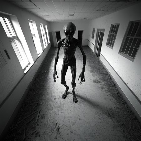 horrorcctvlora, abandoned school, horror (theme), alien, monochrome, dutch angle