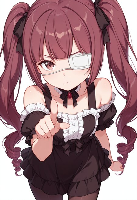 Smooth Quality,masterpiece,very intricate, high quality details, ultra realistic, high detailed skin,detailed enviorement,absurdres,
pointing at viewer,
 <lora:Hanazono_Yurine_CNR:0.8> yurine_cnr, brown hair,very long hair, brown eyes, medical eyepatch, frown, twintails, drill hair,, simple background, white background, front view,solo,, pain,, off-shoulder top, ,peacoat,  ,pantyhose, ,