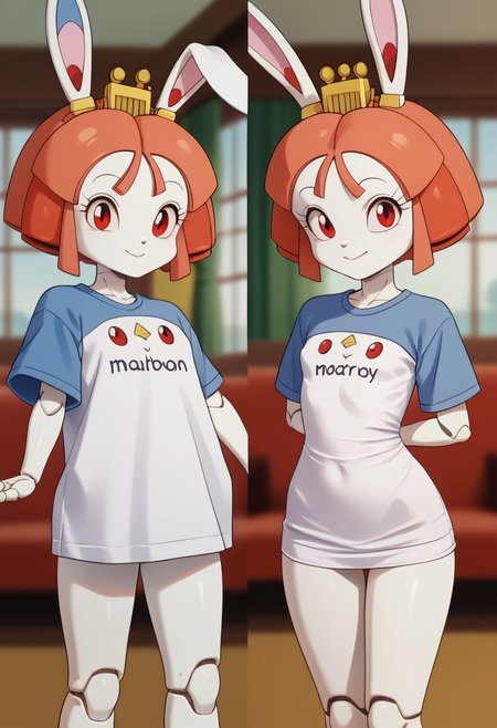 1girl, solo, (Tokugawa Usako, rabbit girl, white skin, ((android)), doll joints, petite, skinny:1.3), score_9, score_8_up, score_7_up, score_6_up, score_5_up, score_4_up, chibi, short legs, rabbit tall, slightly smil, small breasts, thin waist, smile, red eyes, blurry background, out of focus, Expressiveh, looks at the viewer, pajchall, multiple views, t-shirt, arms behind back,