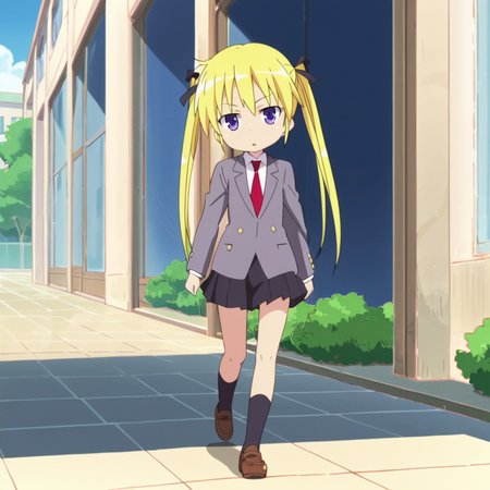 outdoors,  <lora:Sonya_-_Kill_Me_Baby:1> sonyakmb, official style, anime screenshot, 1girl, solo, blonde hair, twintails, long hair, school uniform, necktie, hair ribbon, ribbon, purple eyes, red necktie, skirt, walking
