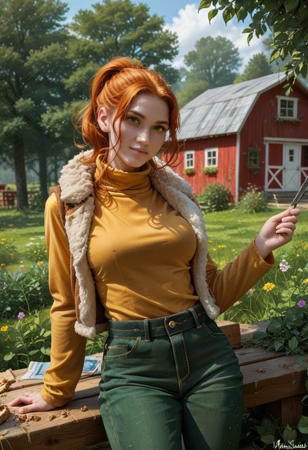 score_9, score_8_up, score_7_up,, high res ima , source_photo, source_real, (realistic:1.4),
1girl, cowboy shot, solo, , working,
outdoors, farm, garden, <lora:Robin_-_IL:0.8> Robin_SDV, green eyes, orange hair, ponytail, yellow turtleneck, green pants, brown vest, fur trim, masterpiece, best quality, good quality, newest, knee up