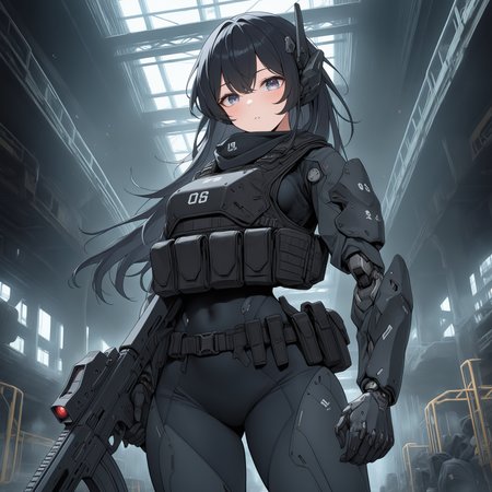 masterpiece, best quality, amazing quality, very aesthetic, high resolution, ultra-detailed, absurdres, newest, official wallpaper, 1girl, <lora:NijijourneyNoob_byKonan:1> mecha, robot, armor, bodysuit, mechanical arms, science fiction, no humans, <lora:TactFit [NOOBAI]:0.8> tactfit, black bulletproof vest, assault rifle, BREAK, foreshortening, extremely detailed clothes, detailed eyes, detailed skin, detailed hair, masterpiece, best quality, amazing quality, very aesthetic, high resolution, ultra-detailed, absurdres, newest, volumetric lighting, official wallpaper