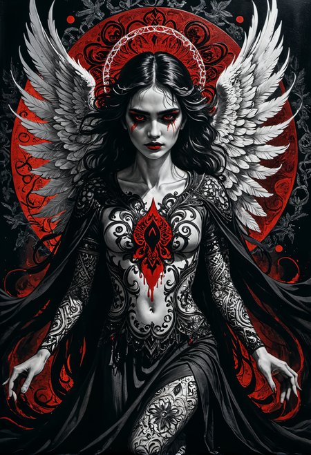 Zentangle red and black Ink illustration,I stand amazed by the visionary genius of the artist,the exacting precision of every brush stroke making the canvas come alive with awe inspiring visuals,(illustration of a beautiful angel's final breath as she succumbs to death),angelic robes soaked in blood,the artist mourns the life of a fallen goddess,the death of virtuous saint to hands of evil,the eyes plead with the viewer to release them from their pain,(((intricate background of evil spirits in the shadows))),masterpiece, Hyperrealistic art cinematic film still photography in the style of detailed hyperrealism photoshoot,RAW,color graded portra 400 film,remarkable color,realistic dull skin noise,Thorough,analog style,highest quality,skin pores,sharp focus,dappled lighting,film grain,photographed on a Sony A7R IV,18mm F/1.7 cine lens,(highly detailed, intricately detailed),8k,HDR,, true to life, HDR image,High detail resolution,soft eyes,natural skin,high detailed face,high detailed cloth,film photography,vintage,cinematic lighting,realistic,sharp focus,(very detailed),((4K HQ)),depth of field,f/1.2,Leica,8K HDR,High contrast,shadows, bokeh,(detailed and realistic skin texture),(detailed clothing),(detailed background),detailed skin,(highly detailed skin),(8K HDR photo),realistic texture,realistic shadows,accurate to life,living image,lifelike . Intricate, abstract, monochrome, patterns, meditative, highly detailed