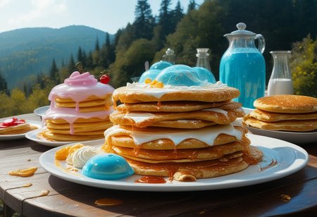 foodphoto, a stack of pancakes made out of slime, slime pancakes, slime syrup, pancakes covered in syrup, a swirl of whipped topping on top of a stack of pancakes, slime whipped cream, plate made of slime, table made of slime,
natural light, no bright spots, 
((translucent slime)), ((transparent slime)), made of water, (bioluminescent slime), sl1m3d, slime, slime-morph, ais-blmn, saturated colors, no creatures, no humans, no monsters, no pokemon, scenery only, scenery,