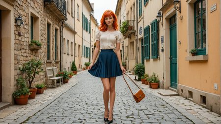 cinematic photo of Constanze_Kravin, dynamic pose, (woman with medium hair and bangs), (style of Saul Leiter), 1950s France, woman with vibrant orange-red hair, soft waves and bangs, wearing a classic pleated flirty short skirt in deep navy blue, tucked blouse in crisp white with short sleeves, subtle vintage details, narrow cobblestone street in a quiet town, small shops and weathered facades in pastel tones, muted midday light, gentle shadows, relaxed posture, holding a small leather satchel, vintage shoes in a deep brown, warm and nostalgic color palette, soft textures, French countryside ambiance, timeless mid-century charm, thoughtful expression, subtle elegance,  ooh_me_likey-xl