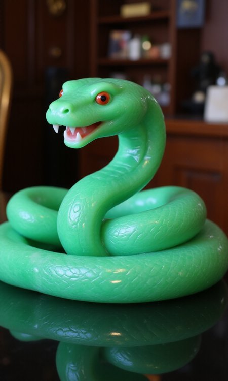 jade_snake, shebaaobao, neouv, cartoon snake made out of glowing illuminated iridescent jade ready to bite somebody on the counter of a pawn shop in New York City  <lora:jadesnakeflux-000001.safetensors:1.0> <lora:shebaobao_flux_snake_Cartoon_v2.safetensors:0.3> <lora:neouv_flux_03.safetensors:1.0>