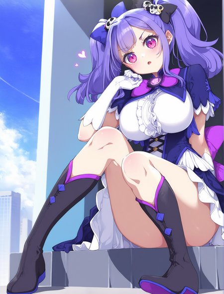 1girl,Lanmei haoxiongdi,<lora:lanmeinoob-000014:1>,
character focus,artist:konya_karasue,artist:hoji(hooooooooji1029),michiking,artist:ningen_mame,[[mignon]],[artist:kani_biimu],artist:ogipote,artist:sy4,noyu_(noyu23386566),twintails,purple hair,pink eyes,solo,perfect face,bedutiful eyes,magical girl,bow,gloves,white gloves,boots,purple bow,dress,skull hair ornament,looking at viewer,hair ornament,large breasts,black bow,black footwear,hair bow,heart,dress,sitting,
day,looking at viewer,open mouth,outdoors,sky,city,
newest,masterpiece,best quality,highres,absurdres,