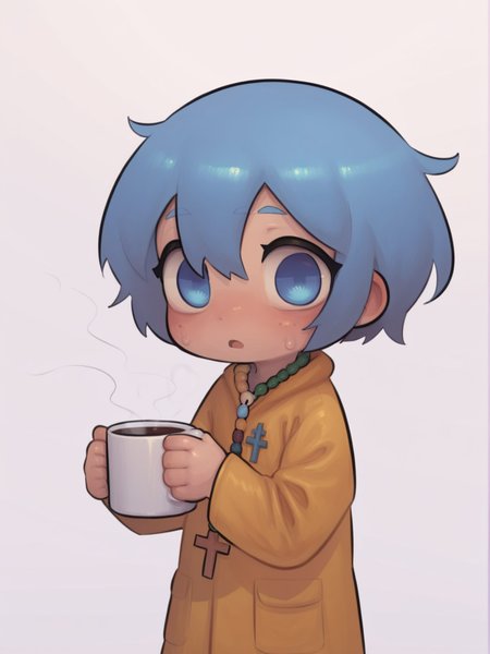 score_9, score_8_up, score_7_up, score_anime, uncensored, BREAK white background, <lora:Luce_PDXLv0-000007:0.8> 1girl, luce, cross necklace, yellow raincoat, blue hair, <lora:ArekishiAlexi_style_Huge_Breasts_and_Shortstacks-000010:1> arekishistyle, shortstack, holding coffee mug, steam, open mouth,