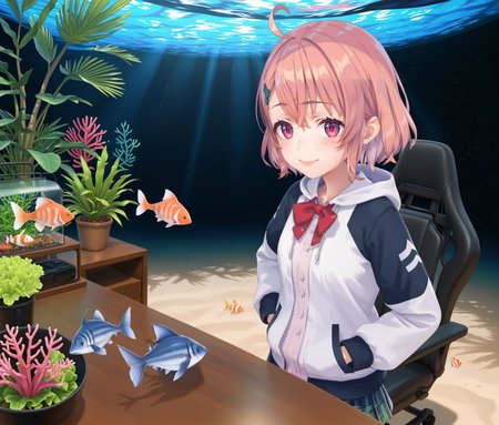 score_9, score_7_up, source_anime, perfect anatomy, <lora:add-detail-xl:1>, <lora:Hyperrealistic_mix:0.1> close up shot, 3D, realistic, 
detailed background, multicolored background, under sea, (seaweed, coral:0.7), fishes around, sunlight, vivid, 
BREAK
detailed background, multicolored background, under sea, (seaweed, coral:0.7), fishes around, sunlight, vivid, 
table, display, 
BREAK
detailed background, multicolored background, under sea, (seaweed, coral:0.7), fishes around, sunlight, vivid, 
gaming chair, table, display, 
a girl walking in the sea, hands in pockets, from above,  
1girl, solo, light smile, <lora:sasaki.pony:1> sasaki, aaa, long sleeves,