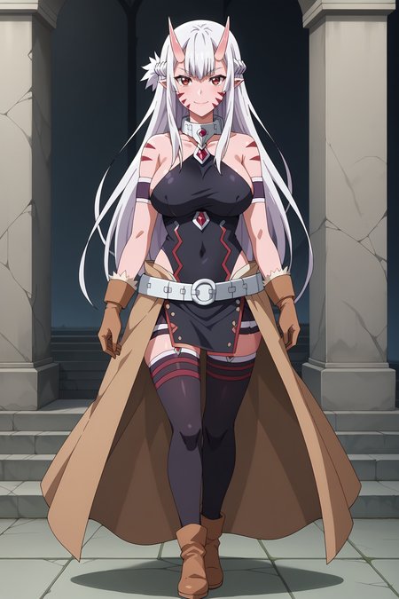 score_9, score_8_up, score_7_up, source anime, prefect lighting, very aesthetic, BREAK, anime screencap, anime coloring,
<lora:lisa_alpacas_v1-pdv6:1>, 1girl, lisa alpacas, peter grill to kenja no jikan, red eyes, white hair, long hair, braid, horns, pointy ears, oni, tattoo, pink skin, large breasts,
lisout, collar, bare shoulders, gloves, thighhighs, skirt, belt, brown footwear, covered navel,
BREAK, light smile, looking at viewer,
BREAK,