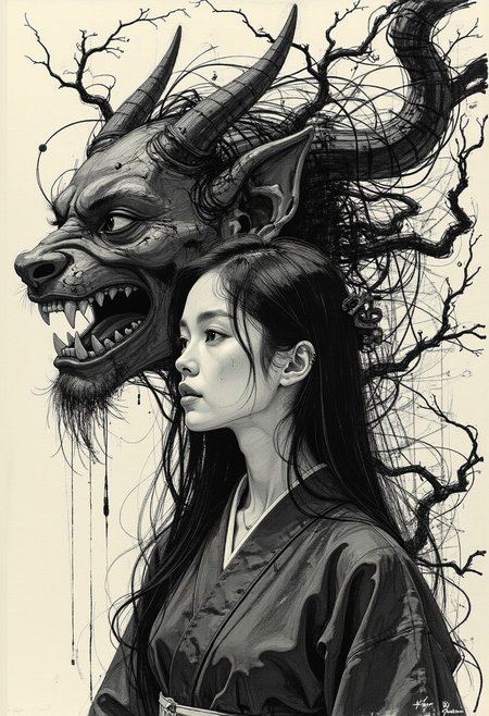 vantablack, Graphite monochrome art in the style of ck-ccd, highly detailed digital artwork merging traditional Asian aesthetics with a modern avant-garde approach. The central figure is a young woman with a fair complexion, her long, straight black hair fading into deep graphite shadows. She wears a traditional Japanese kimono, stripped of all color, rendered entirely in graphite tones with sharp, high-contrast shading. Subtle tonal variations define intricate patterns, enhancing the depth of the fabric. Her expression is serene yet enigmatic, hands resting lightly on her forehead in silent contemplation.
Behind her, an ornate mythical mask looms, its fierce expression carved in heavy graphite strokes. Hollow eyes, sharp horns, and a gaping maw emerge from the darkness, rendered with deep shading that creates an ominous yet detailed presence. Swirling patterns and stylized trees dissolve into abstract tendrils, forming a dreamlike, mythical realm. The composition is stark yet balanced, the monochrome forms intensified by deep contrasts. This fusion of traditional Asian art and graphite technique crafts a haunting, timeless vision.