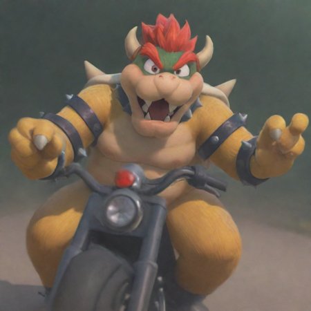 Bowser, astonished, riding motorcycle,  <lora:Bowserxl-nsfw:1> <lora:LCMSDXL:1>