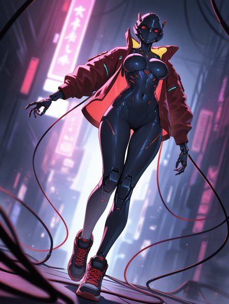 1girl, head gear, curvy, slender body, open jacket, dynamic angle, Sneakers, mechanical arms, cyborg, cable, biomechanical, Red LED, delicate frame, vibrant, high contrast, science fiction, sharp focus, dynamic lighting, cinematic shadows, depth of field, [(debris background:1.2)::0.2], (cyberpunk background:1.2)
,masterpiece,best quality,newest,