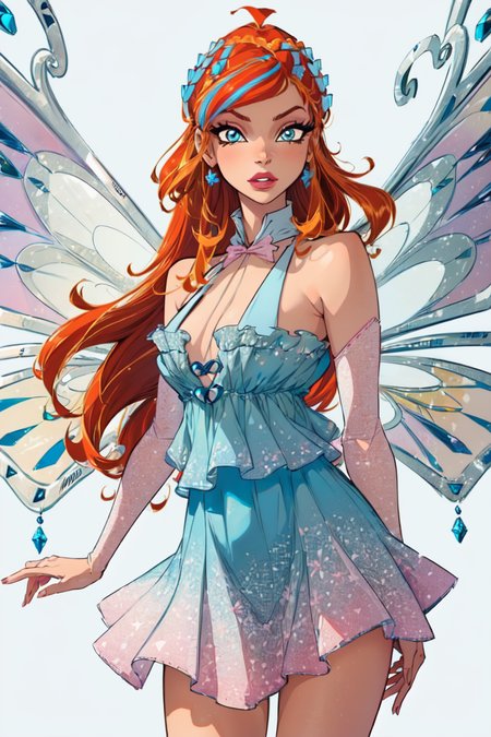 (Bloom:1.5), (blue gradient dress:1.2), fairy wings, orange hair, blue eyes, sparkling outfit, (solid white background, white background:1.5), (realistic:1.2), (masterpiece:1.2), (full-body-shot:1),(Cowboy-shot:1.2), neon lighting, dark romantic lighting, (highly detailed:1.2),(detailed face:1.2), (gradients), colorful, detailed eyes,, (natural lighting:1.2), solo  <lora:WinxClubEnchantixBloom-10:0.9> <lora:add_detail:0.3> <lora:BeautifulEyes:0.6>