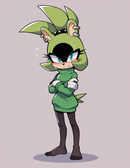 zPDXL, score_9, score_8_up, score_7_up, score_6_up, score_5_up, source_anime, 4k, absurdres, 1girl, solo,
<lora:Surge_v1-3-15:0.7> surge the tenrec, aqua eyes, green fur, black fur, two-tone fur, black eyeshadow, white gloves, animal ears, hair up, 
green sweater, turtleneck, black leggings, pantyhose, no shoes, blush, nervous, sweat, looking at viewer, crossed arms, sweater dress,
