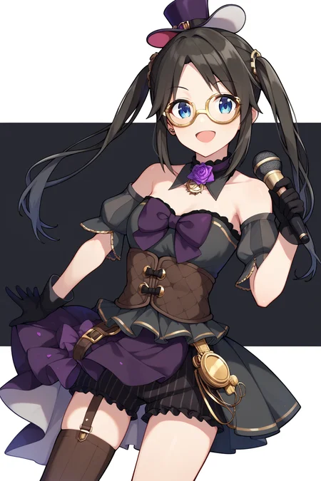score_9, score_8_up, score_7_up, source_anime,  <lora:mitsumine_yuika_XL:0.9>, yuikamitsumine, 1girl, solo, black hair, long hair, twintails, top hat, mini top hat, mini hat, goggles on headwear, blue eyes, monocle, yellow-framed eyewear, gears, black dress, strapless dress, pleated dress, purple bow, detached sleeves, puffy sleeves, short sleeves, puffy short sleeves, black sleeves, vertical-striped sleeves, bare shoulders, detached collar, black collar, purple choker, frilled choker, neck flower, rose, brown corset, purple skirt, half-skirt, frilled skirt, black shorts, frilled shorts, vertical-striped shorts, brown thighhighs, vertical-striped thighhighs, single thighhigh, single garter strap, underbust, black gloves, shorts under skirt, shorts under dress, pocket watch, microphone, holding microphone, looking at viewer, open mouth, cowboy shot, stage