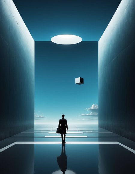Minimalist style <lora:CivitAI__Style_Fusion_-_FFusionAI_Entry_64DIM:0.75> FFusionAI Style, CivitAI,a man is walking through a dark tunnel, surreal 3 d render, open portal to another dimension, cube portals, abstract surrealism, surrealism 8k, avantgarde 4k wallpaper, gateway to another dimension, portal to another dimension, surrealism background, 4 k surrealism, neosurrealism digital art, surreal digital art, surreal composition, retrofuturist liminal space . Simple, clean, uncluttered, modern, elegant