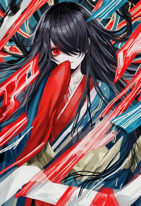 1girl, red eyes, solo, long hair, japanese clothes, hair over one eye, looking at viewer, kimono, black hair, monster <lora:shiunXL_NB11_lokr_V6311P:0.95>