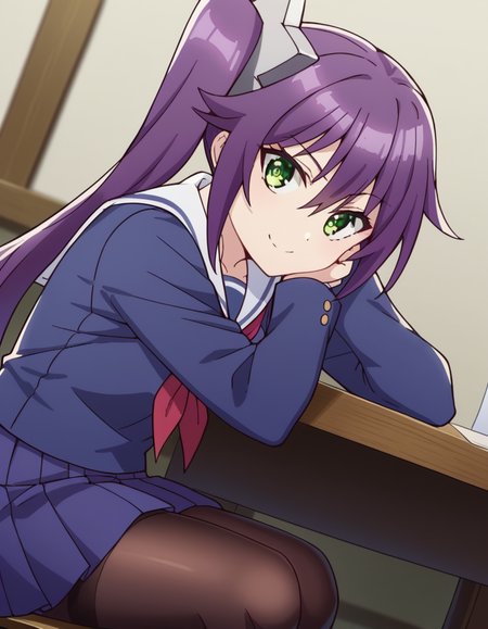 score_9, score_8_up, score_7_up, source_anime, <lora:sagiri-ameno-s1-ponyxl-lora-nochekaiser:1>, sagiri ameno, long hair, hair between eyes, very long hair, green eyes, purple hair, side ponytail,, skirt, long sleeves, school uniform, pantyhose, pleated skirt, serafuku, blue skirt, neckerchief, black pantyhose, red neckerchief, thighband pantyhose, blue serafuku,, indoors, smile, looking at viewer, solo, sitting, head rest, table,, cowboy shot, dutch angle
