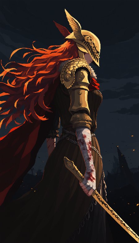 pixel art,
1girl, elden ring, malenia blade of miquella, red hair, visor \(armor\), shoulder armor, solo, bandaged arm, blood on arm, blood on bandages, extremely long hair, bandaged hand, cuts, dark clouds, dark, from side, drawing sword, foreshortening,
masterpiece, best quality, very awa, absurdres
<lora:noobai_epred_11_pixel_art_v1:1>
