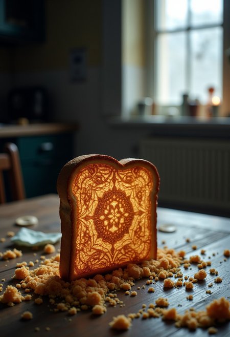 On an abandoned dining table, in a kitchen marked by chaos, a single toast stands upright, like a sacred guardian. The crumbs around it form strange patterns, almost like ancient runes. A faint light streams through the broken window, casting the toast in an almost divine glow. In the silent distance, the crackle of a broken toaster echoes, as if something powerful is about to awaken.