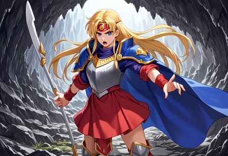 score_9,score_8_up,score_7_up,source_anime,5_figner,2d_animation,game cg,BREAK,1girl,solo,Sonya,blonde hair,long hair,blue eyes,blue cape,armor,headband,shoulder pads,breastplate,shoulder armor,shoulder armor,pauldrons,red skirt,knee boots,spear,
front view,standing,looking at viewer,serious,open mouth,angry,
Watergate,Cave,indoor,
masterpiece,best qualit,ultra-detailed,illustration,an extremely delicate and beautiful,beautiful detailed eyes,unity 8k wallpaper,high resolution,anime CG,official_art,