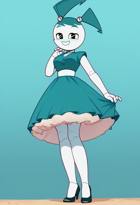 (Masterpiece, best quality:1.2), score_9, score_8_up, flat color, flat shading, soft shading, lighting, Jenny Wakeman as an adult, in a 1950's full length formal blue skirt, a white belt, button down v-neck formal black top, a fluffy frilly ruffled full white petticoat, and black high heels, dress, layered petticoat, frilly petticoat, fluffy petticoat, full petticoat, detailed petticoat ((wide skirt, detailed outfit, flowing skirt, long skirt, solid blue colored skirt, black high heels)), blue hair, series accurate, cute, best high quality, high res, robot, humanoid robot, medium breasts, whole body shot, 1girl, ((solo, outdoors, looking at you, low angle)), cute, seductive, seductive smile, half lidded eyes, low angle shot, cartoon, cartoon style, vector, solo, circle dress, 1950s, whisperfoot_style, dance dress jenny, jenny wakeman, 1girl, solo, robot joints, black eyes, white skin, ponytail, hair bow, blue rose chest corsage, poofy dress, blue hair, flat lighting
