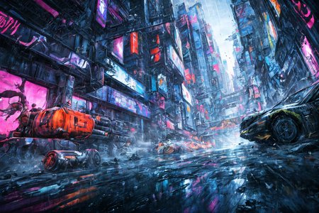 (RAW photo, 8k uhd, Analog style, Masterpiece, Best Quality, Highres:1.3), (dramatic, cinematic:1.2), BREAK,
movie shot of (ultra-detailed:1.1), (striped:1.3) (military:1.4) (cyberpunk:1.3) (battlecar:1.35) (armed with turret machine gun and grenade launchers:1.33) (rushing:1.3) through (cyberpunk city street:1.35), ((glossy:1.1) technological futuristic design:1.2), (drifting:1.3), (neon lights:1.1), (wet asphalt, reflections:1.2), (firing tires:1.35), (water splash, puddles:1.32), (debris:1.32), (steam:1.3), (frightened:1.1) (pedestrians:1.4), (bright day:1.15), (daytime:1.15) (cloudy sky, (rain:1.1):1.2), (skyscrapers:1.15), BREAK,
(photorealistic:1.2), (dutch angle:1.4), (light particles, colorful:1.2), (action movie scene, dynamic composition, fast, chasing:1.3), (motion blur, motion lines:1.3), (cyberpunk, science fiction, blockbuster, military vehicle, volumetric light:1.3), (daylight:1.2) (noir:0.5) (urban atmosphere, vehicle focus, cinematic tone, toxic, glowing, intricate, electricity, purple orange green color scheme, graffiti, (dust:1.1), no humans:1.2), BREAK,
<lora:more_details:1.0>,
<lora:zoom_slider_v1:2.0>