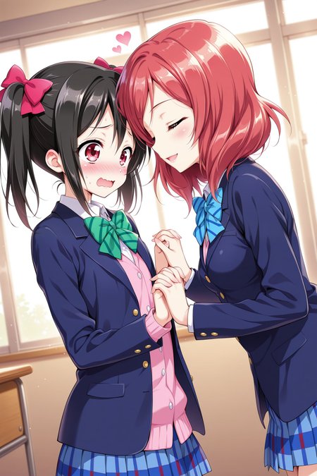 <lora:youta_style_v1b_IL:0.8> , youta_style, 2girls, holding hands, interlocked fingers, yuri, blush, smile, short hair, open mouth, black hair, red eyes, bow,  twintails, school uniform, jacket, closed eyes, hair bow, heart, red hair, wavy mouth, blazer, otonokizaka school uniform, nishikino maki, yazawa nico, indoors,