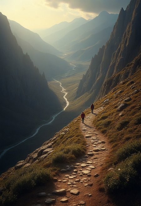 Create a hyperrealistic scene of hikers ascending a rugged mountain trail, the rocky path winding through the landscape with expansive views of valleys below. Blend Michael James Smith’s realistic landscapes, Dan Witz’s attention to small details, and Jason De Graaf’s mastery of lighting. Capture the texture of the rocky terrain, the hikers' detailed movements, and the interplay of light on the vast, scenic views, ensuring a dynamic and immersive composition.
