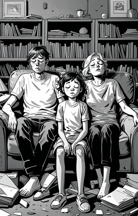 masterpiece,best quality,<lora:tbh373-sdxl:0.6>,illustration,style of exhausted people ,greyscale and white,comic portrait of family