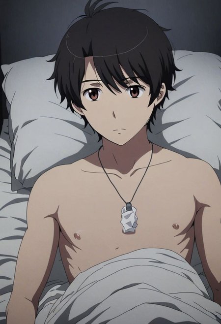 high resolution, solo, best quality, 1Boy, Inaho Kaizuka, Black Hair, Brown Eyes, bedroom, dimly lit, pillow, blanket, necklace, upper body quarter, sexual stimulation, tissue, sex toys, climax, masturbation, shirtless, sixpack, OverallDetail